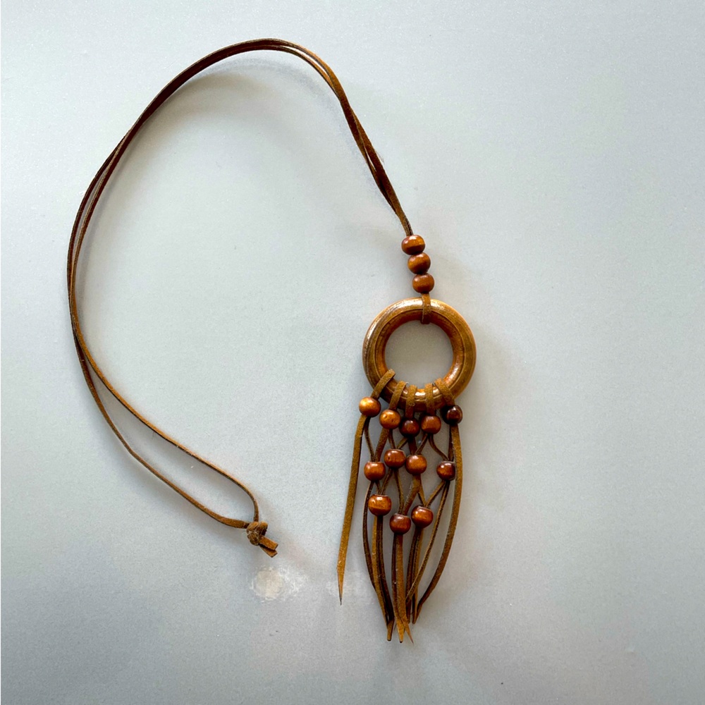 Wood and Suede Macrame Pendant Necklace